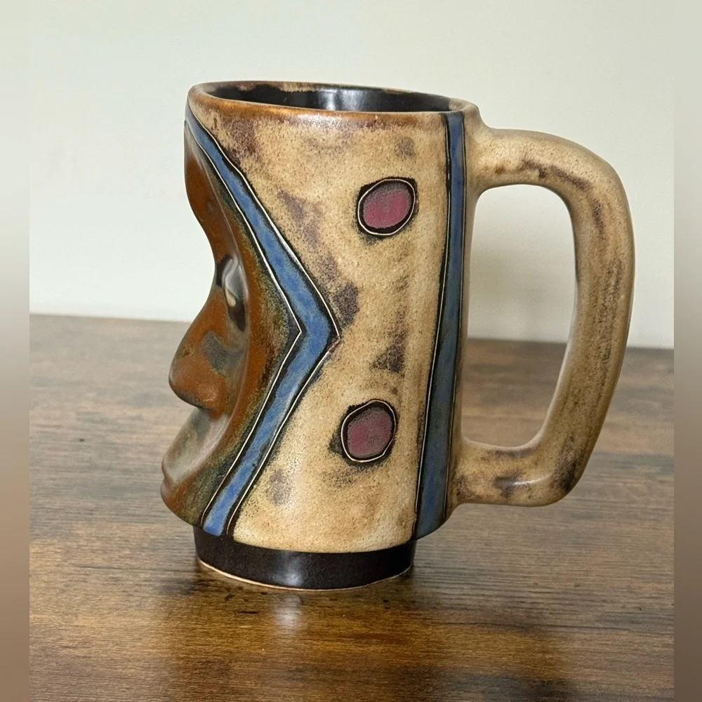 Mara Stoneware Sculpted Stein Mug  Dark Mask Design Handmade in Mexico